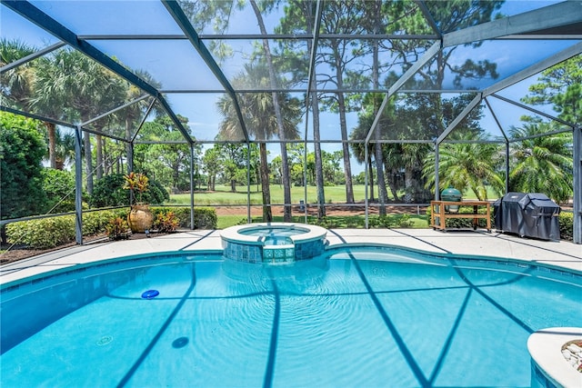 view of swimming pool featuring a lanai, area for grilling, and an in ground hot tub