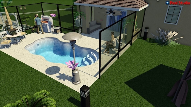 view of swimming pool featuring a patio, a yard, and ceiling fan