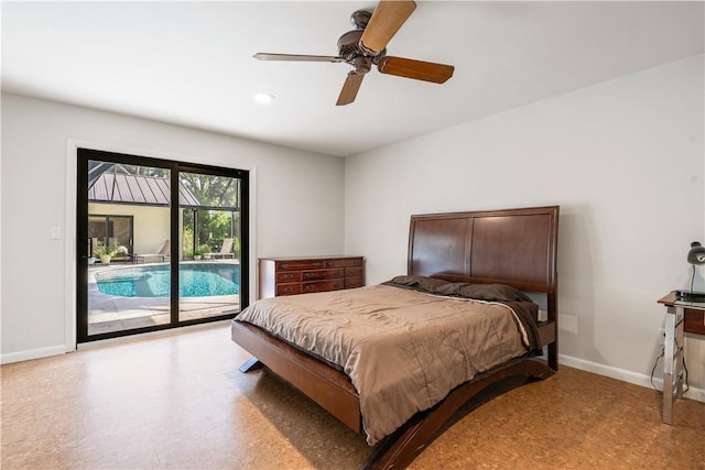 240 44th Ter SW, Vero Beach, FL 32968 - bedroom with access to outside, tile patterned floors, baseboards, ceiling fan, and recessed lighting