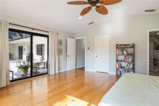 240 44th Ter SW, Vero Beach, FL 32968 - bedroom with access to outside, vaulted ceiling, light wood-type flooring, baseboards, and a ceiling fan