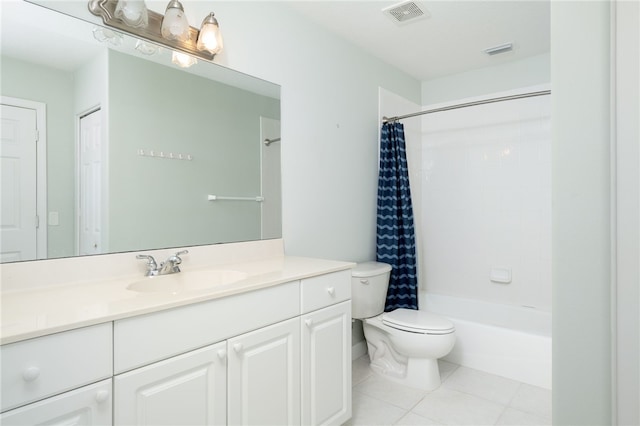 full bathroom featuring tile patterned floors, vanity, shower / tub combo, and toilet