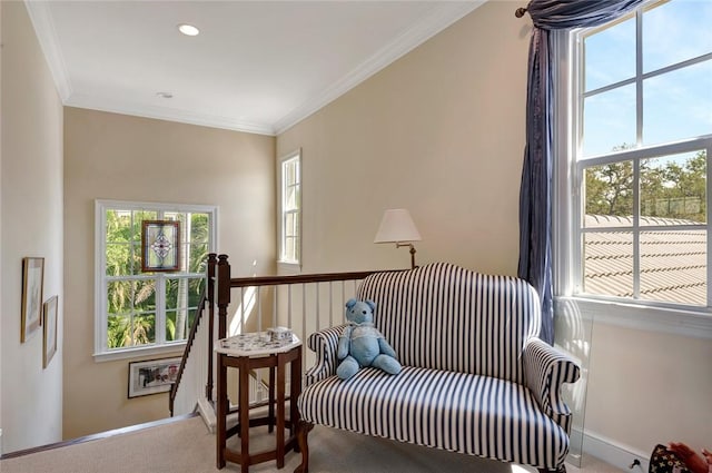 living area with carpet flooring and crown molding