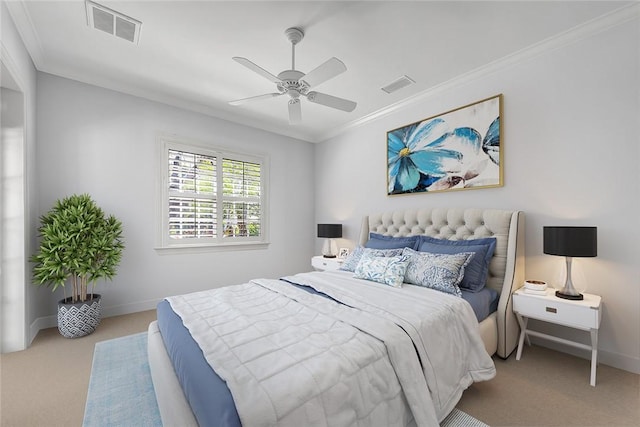 bedroom featuring light carpet, ceiling fan, and crown molding