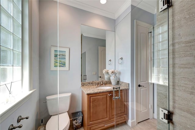 bathroom with crown molding, vanity, and toilet