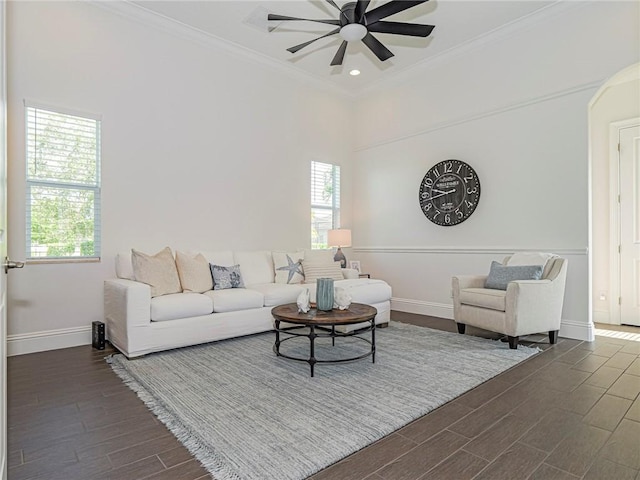 4520 Jacqueline Mnr, Vero Beach, FL 32968 - living area featuring dark wood-type flooring, ornamental molding, ceiling fan, and recessed lighting