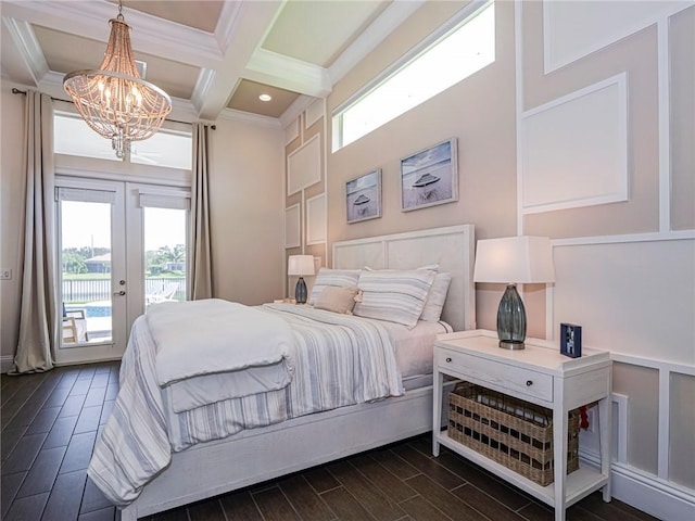 4520 Jacqueline Mnr, Vero Beach, FL 32968 - bedroom featuring access to exterior, a chandelier, wood tiled floors, beamed ceiling, and coffered ceiling