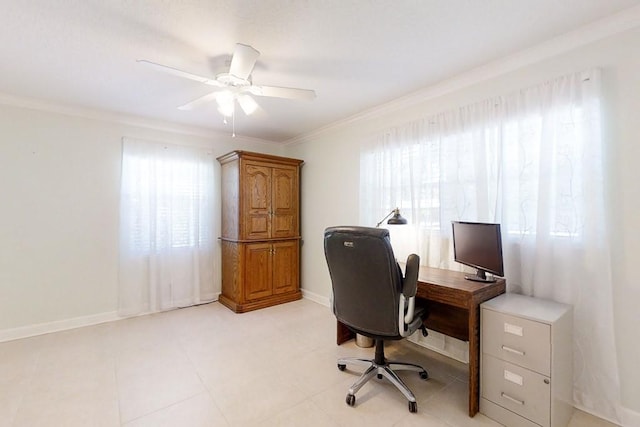 office area with ceiling fan and ornamental molding