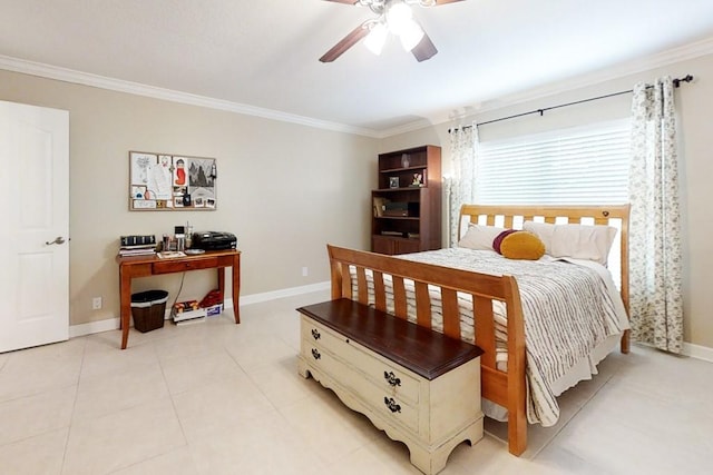 bedroom with light tile patterned floors, crown molding, and ceiling fan