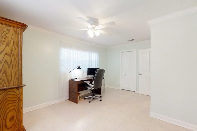 office space with crown molding and ceiling fan