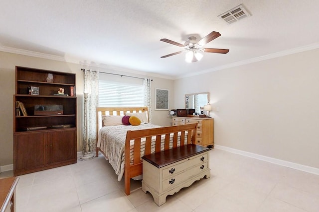 bedroom featuring ornamental molding and ceiling fan