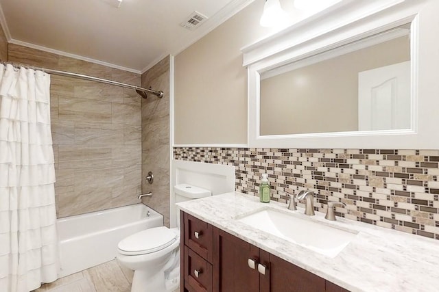 full bathroom featuring ornamental molding, toilet, shower / tub combo, and vanity