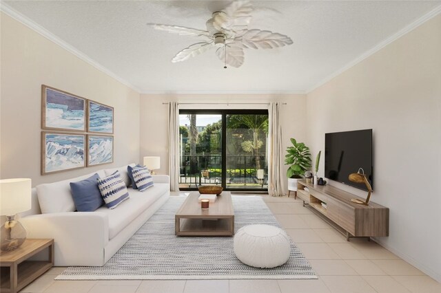 living room with ceiling fan and crown molding