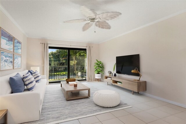 tiled living room featuring crown molding and ceiling fan with notable chandelier