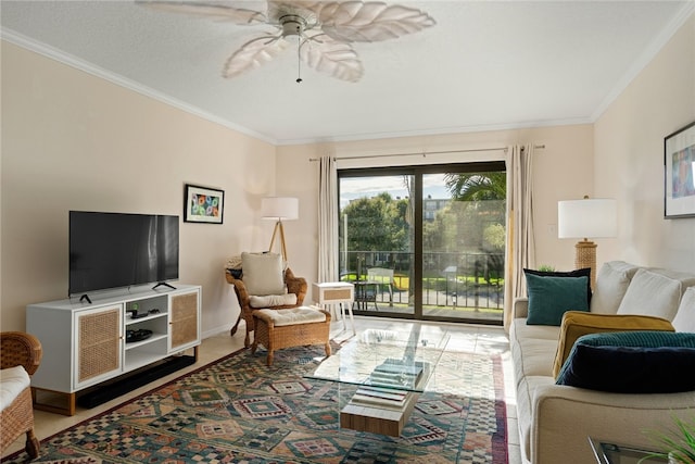 living room featuring ceiling fan and crown molding