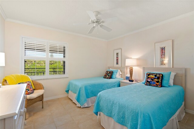 bedroom with light tile patterned flooring, ceiling fan, and crown molding