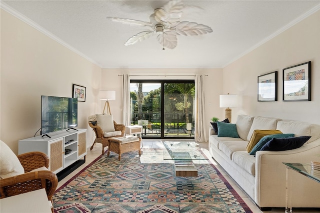 living room featuring ornamental molding and ceiling fan