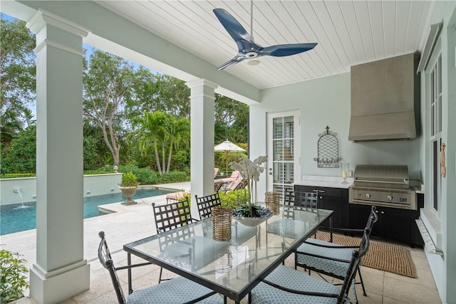 view of patio featuring pool water feature, area for grilling, and ceiling fan