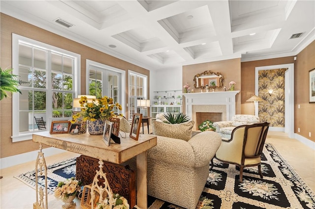 living room with beam ceiling, french doors, coffered ceiling, light tile patterned floors, and ornamental molding