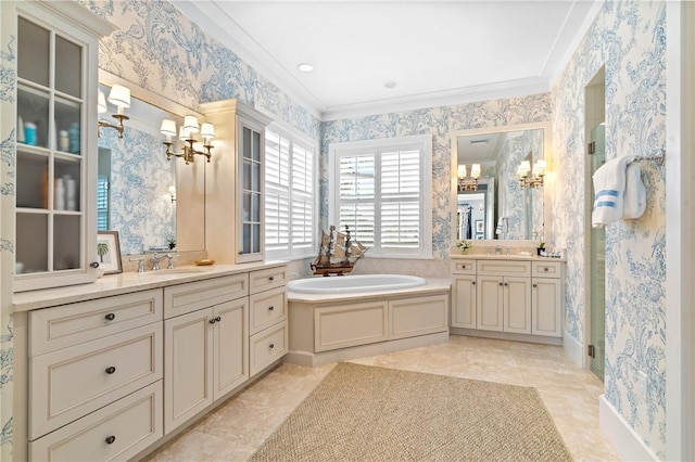 bathroom featuring tile patterned floors, vanity, separate shower and tub, and ornamental molding