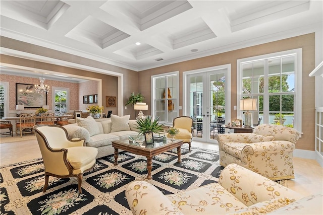 tiled living room featuring french doors, coffered ceiling, and ornamental molding