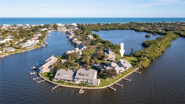 drone / aerial view with a water view