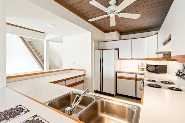 kitchen with sink, white cabinetry, white refrigerator, range with electric stovetop, and wooden ceiling