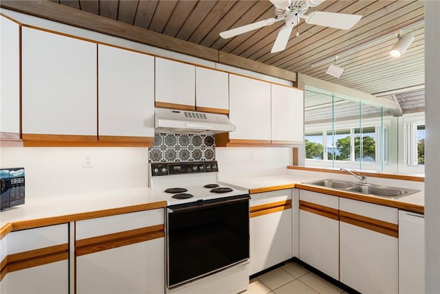 kitchen featuring sink, white cabinets, white dishwasher, wood ceiling, and electric stove