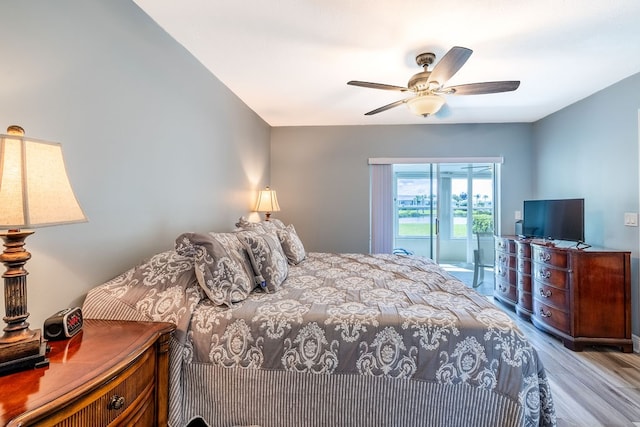 bedroom featuring ceiling fan and light hardwood / wood-style floors