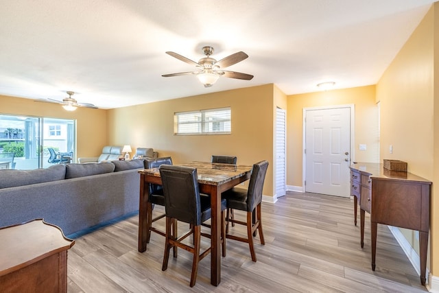 dining space with ceiling fan and light wood-type flooring