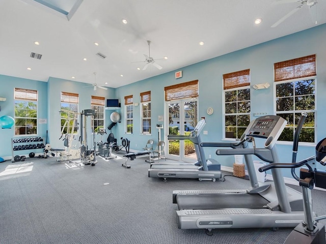 exercise room with ceiling fan