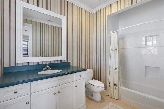 505 Live Oak Rd, Vero Beach, FL 32963 - bathroom featuring tile patterned floors, vanity, ornamental molding, shower / bathtub combination with curtain, and wallpapered walls