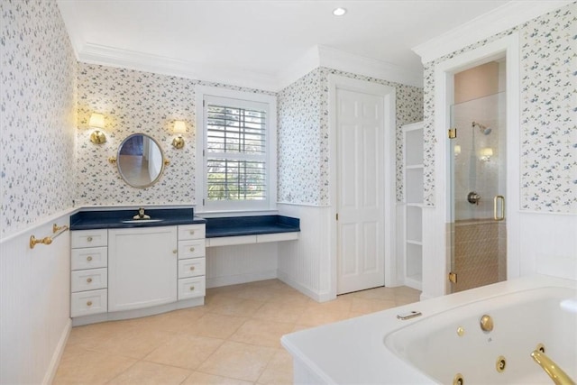 505 Live Oak Rd, Vero Beach, FL 32963 - full bathroom featuring ornamental molding, wallpapered walls, a stall shower, vanity, and wainscoting