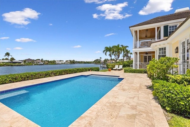 505 Live Oak Rd, Vero Beach, FL 32963 - outdoor pool with a water view, a ceiling fan, and a patio area