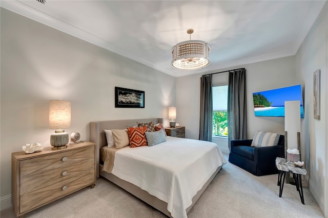 bedroom featuring ornamental molding, a notable chandelier, and light carpet