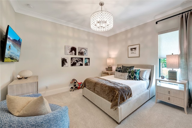 carpeted bedroom with a chandelier and ornamental molding