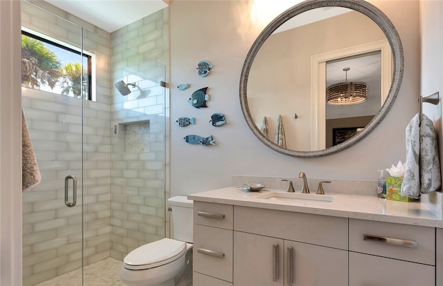 bathroom with vanity, toilet, and a shower with shower door