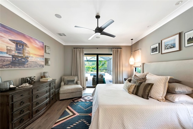 bedroom featuring ceiling fan, crown molding, dark hardwood / wood-style flooring, and access to outside