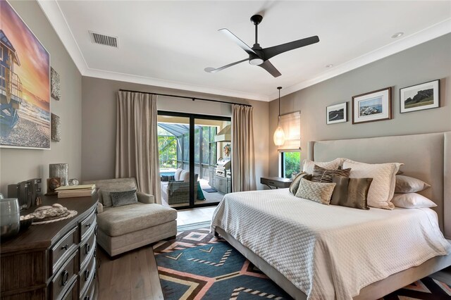 bedroom with access to exterior, ornamental molding, hardwood / wood-style flooring, and ceiling fan