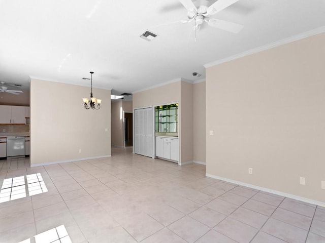 unfurnished room featuring crown molding, light tile patterned floors, ceiling fan with notable chandelier, and visible vents