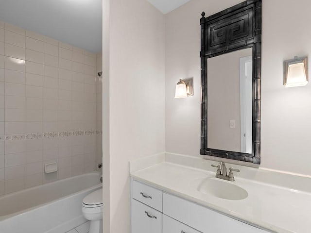 full bathroom with vanity,  shower combination, and toilet