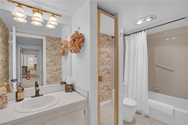 full bathroom with vanity, tile patterned flooring, shower / bathtub combination with curtain, and toilet