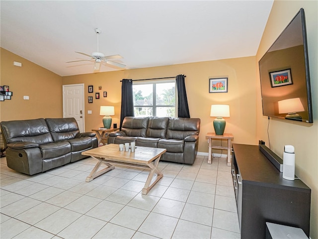 tiled living room featuring lofted ceiling and ceiling fan