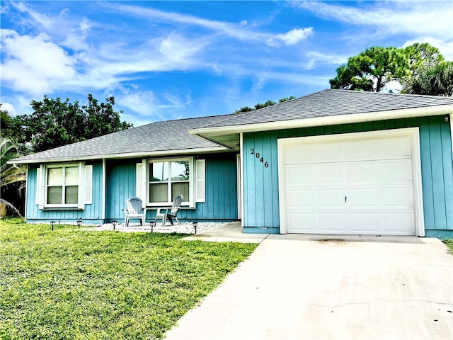 single story home with a garage and a front yard