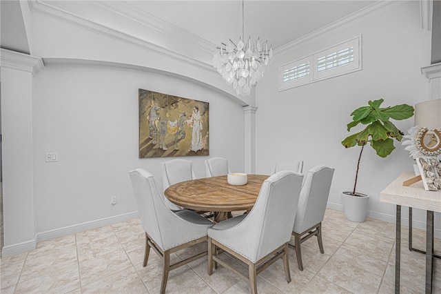 dining space featuring crown molding, tile patterned flooring, decorative columns, baseboards, and a notable chandelier