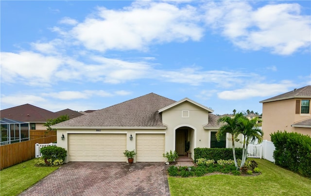 view of front facade with a front lawn and a garage