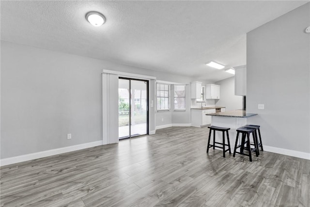 living room with a textured ceiling and light hardwood / wood-style flooring