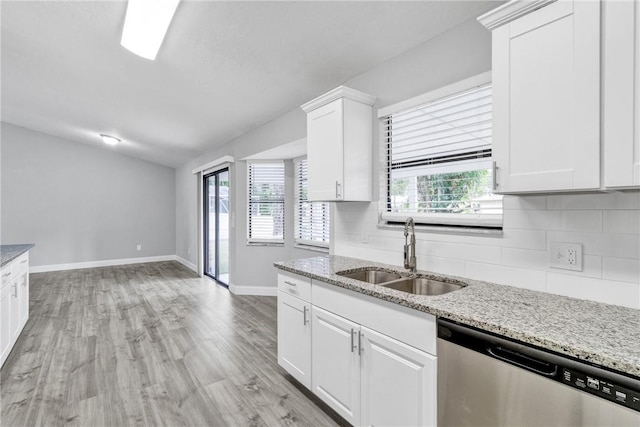 kitchen with light stone countertops, sink, stainless steel dishwasher, backsplash, and white cabinets