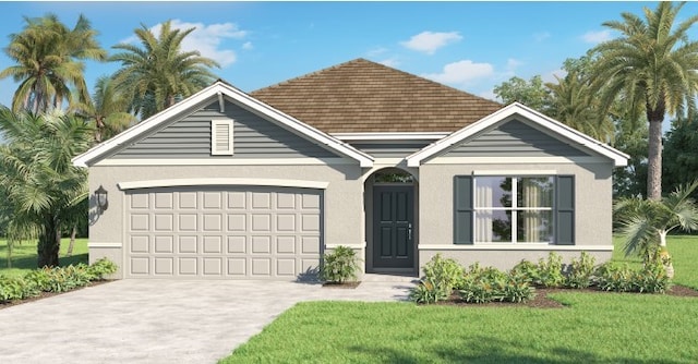 view of front of property featuring a front yard, driveway, stucco siding, and an attached garage