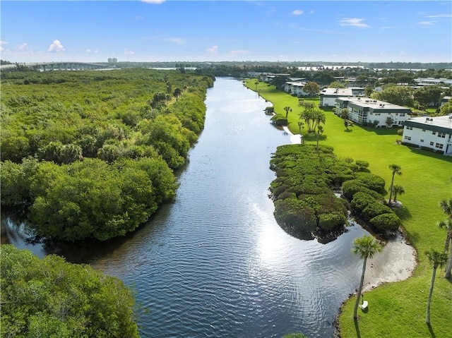 birds eye view of property featuring a water view