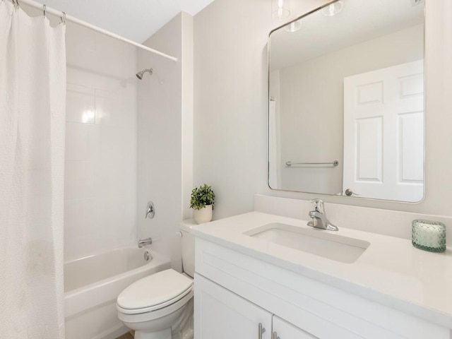 full bathroom with shower / bathtub combination with curtain, vanity, and toilet